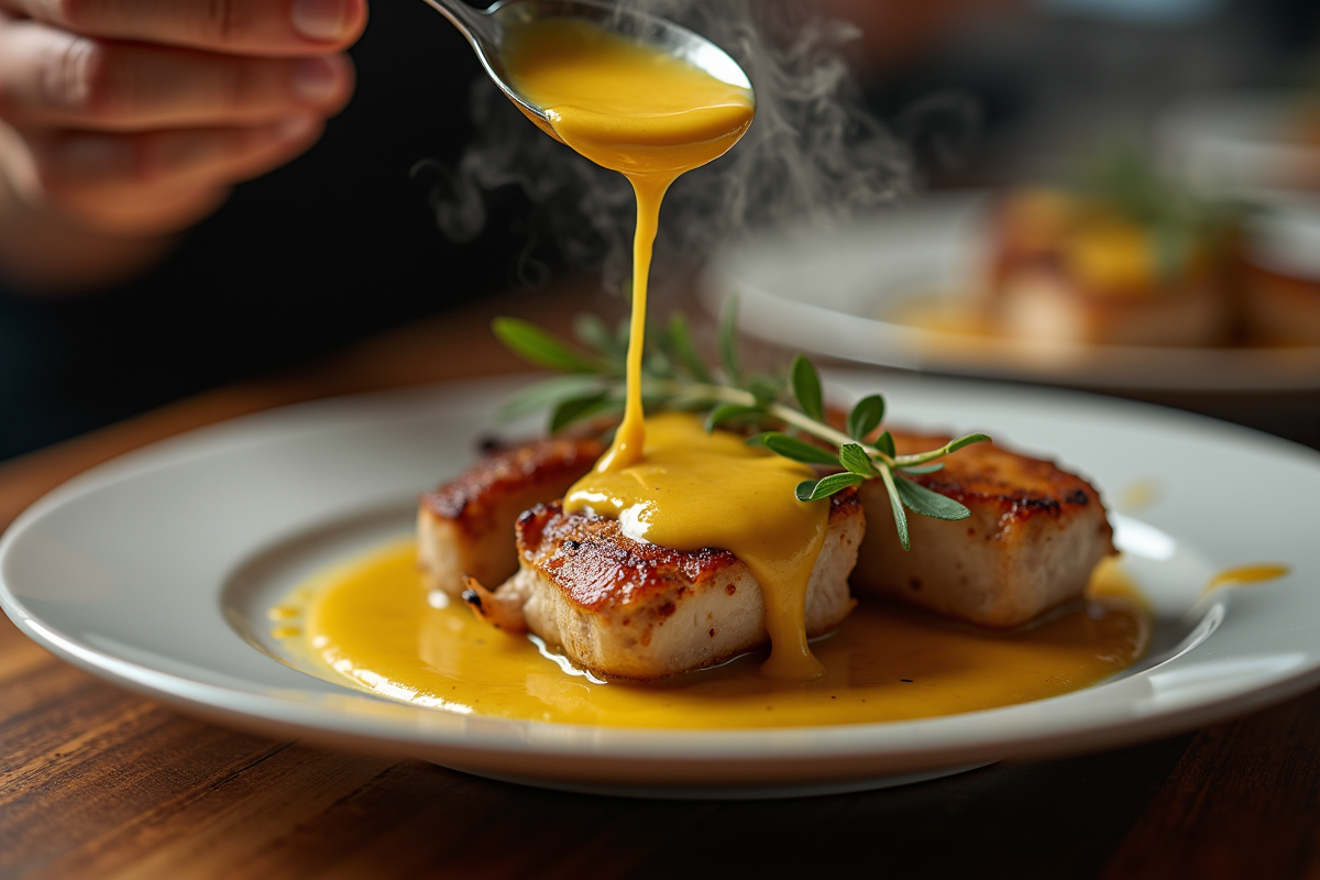 Chef versant sauce moutarde sur un cuisse de lapin