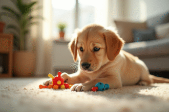 Chiot golden retriever jouant avec des jouets colorés dans le salon