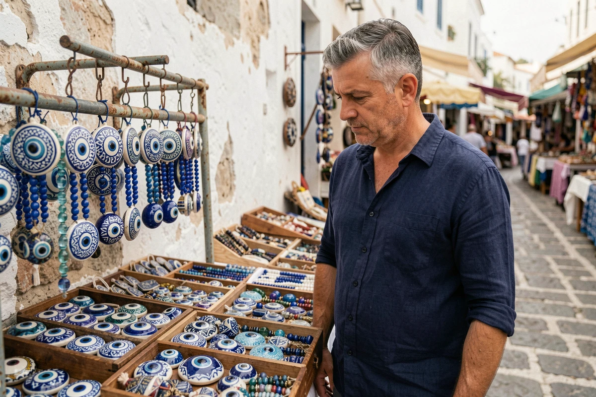 Homme examinant des amulettes œil protecteur grec traditionnelles sur un étal de marché en plein air avec des pavés et des murs blanchis à la chaux