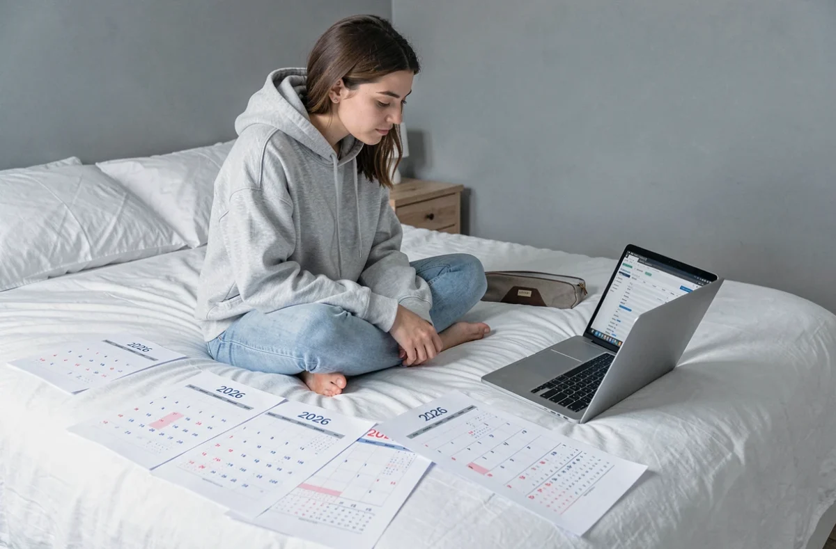Jeune femme choisissant un planning mensuel gratuit à imprimer pour 2026 sur son lit entourée de feuilles calendrier