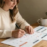 Femme triant des plannings mensuels imprimés gratuits pour 2026 sur un bureau en bois dans un bureau à domicile cosy