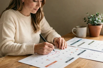 Femme triant des plannings mensuels imprimés gratuits pour 2026 sur un bureau en bois dans un bureau à domicile cosy