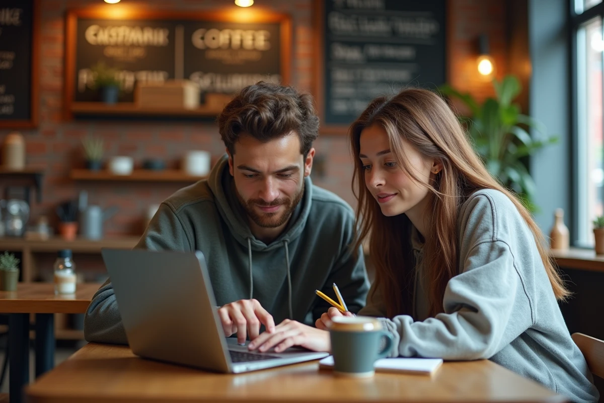 Deux amis cherchant des codes de jeu anime Last Land sur un ordinateur portable dans un café