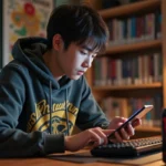 Jeune homme entrant un code dans une application de jeu anime sur smartphone dans sa chambre
