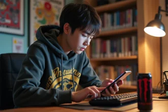 Jeune homme entrant un code dans une application de jeu anime sur smartphone dans sa chambre