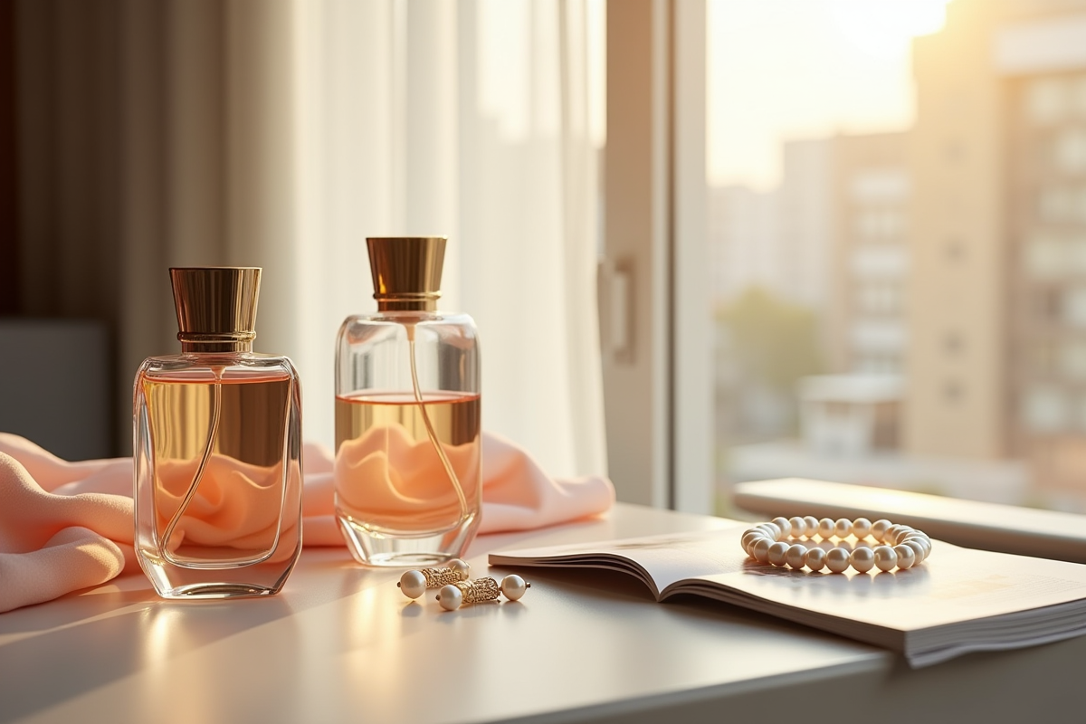 Coiffeuse avec parfum et accessoires de mode au matin