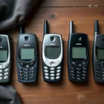 Collection de téléphones Nokia rares et vintage des années 2000 posés sur une surface en bois, vue de dessus