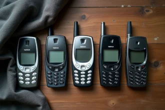 Collection de téléphones Nokia rares et vintage des années 2000 posés sur une surface en bois, vue de dessus