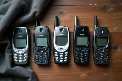 Collection de téléphones Nokia rares et vintage des années 2000 posés sur une surface en bois, vue de dessus