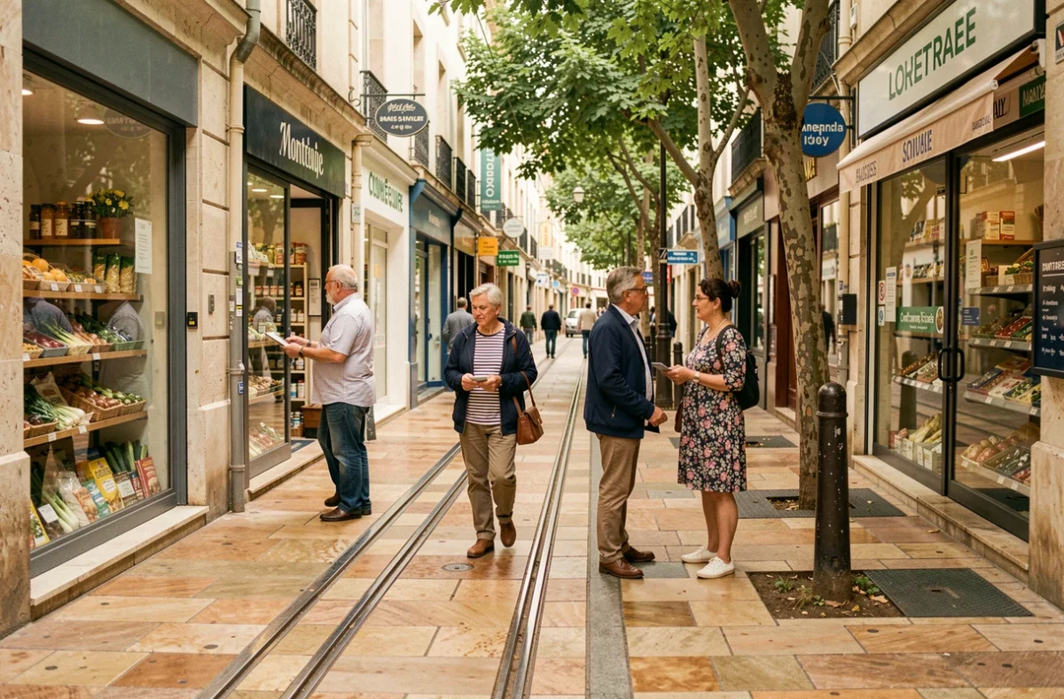 Commerces accessibles en tramway à Montpellier avec des piétons faisant leurs achats le long des rails