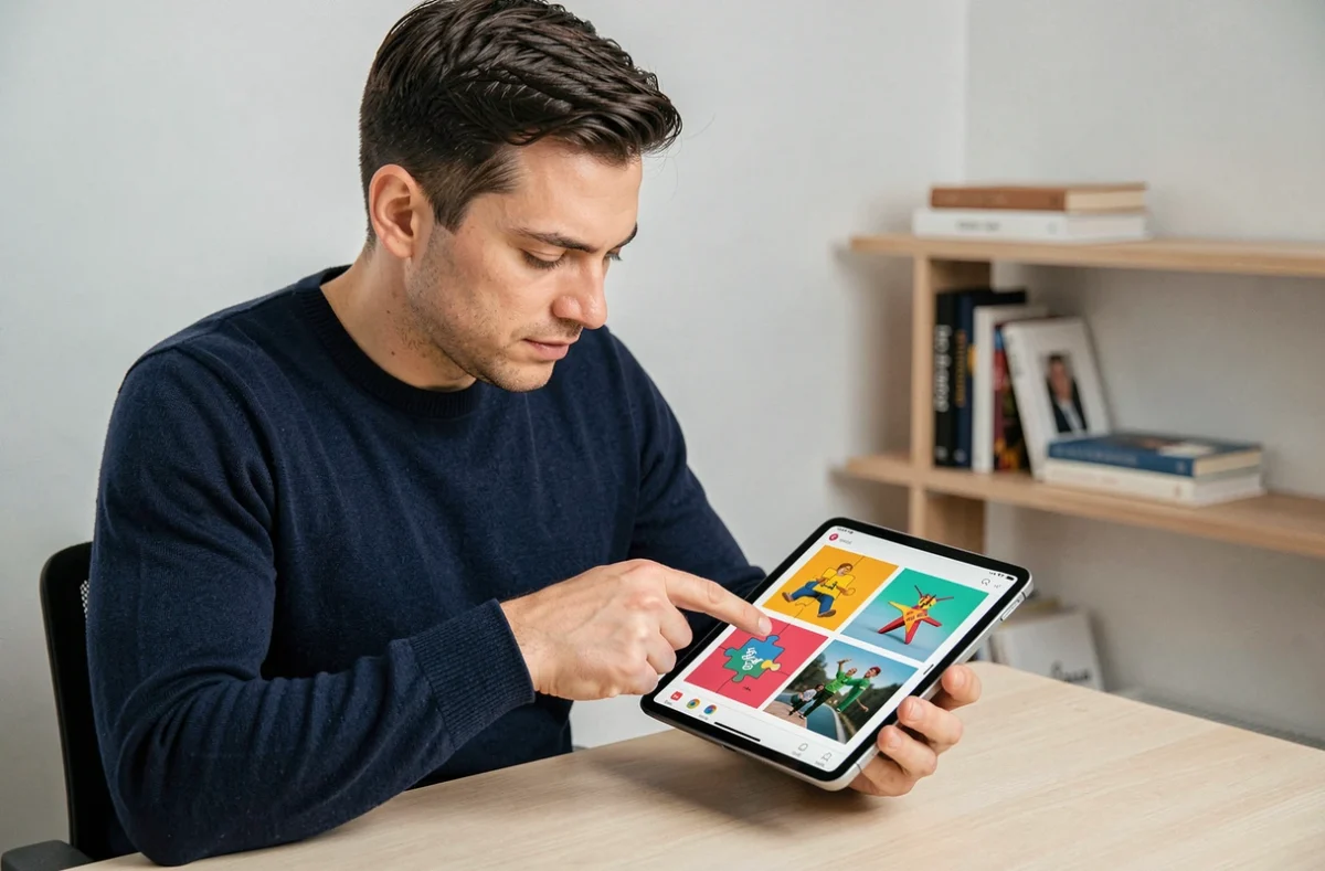 Un homme compare deux images côte à côte sur une tablette pour trouver le lien caché dans un jeu de 4 images un mot