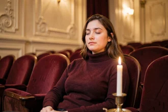 Jeune femme écoutant une bande originale de film lors d'un concert candlelight dans une salle de cinéma vintage aux fauteuils en velours rouge