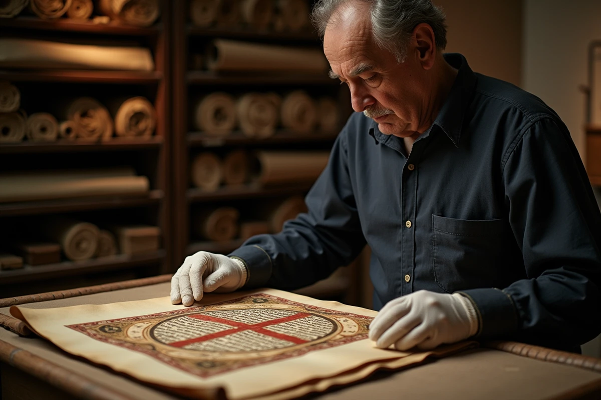 Conservateur de musée examinant un manuscrit héraldique médiéval avec une croix templière enluminée