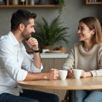 Homme et femme discutent dans une cuisine moderne chaleureuse