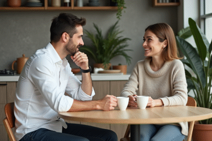 Homme et femme discutent dans une cuisine moderne chaleureuse