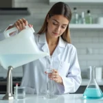 Femme en blouse blanche versant de l'eau d'un bidon de 5 litres dans un cylindre gradué en laboratoire pour illustrer la conversion millilitres litres