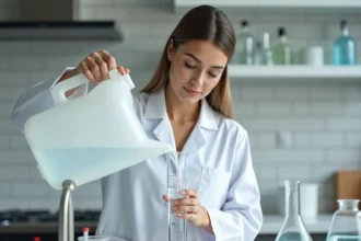 Femme en blouse blanche versant de l'eau d'un bidon de 5 litres dans un cylindre gradué en laboratoire pour illustrer la conversion millilitres litres