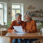 Couple souriant en train de revoir des documents dans leur salon