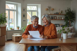 Couple souriant en train de revoir des documents dans leur salon