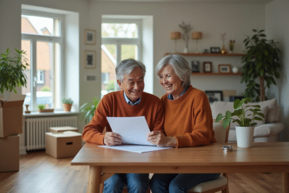 Couple souriant en train de revoir des documents dans leur salon
