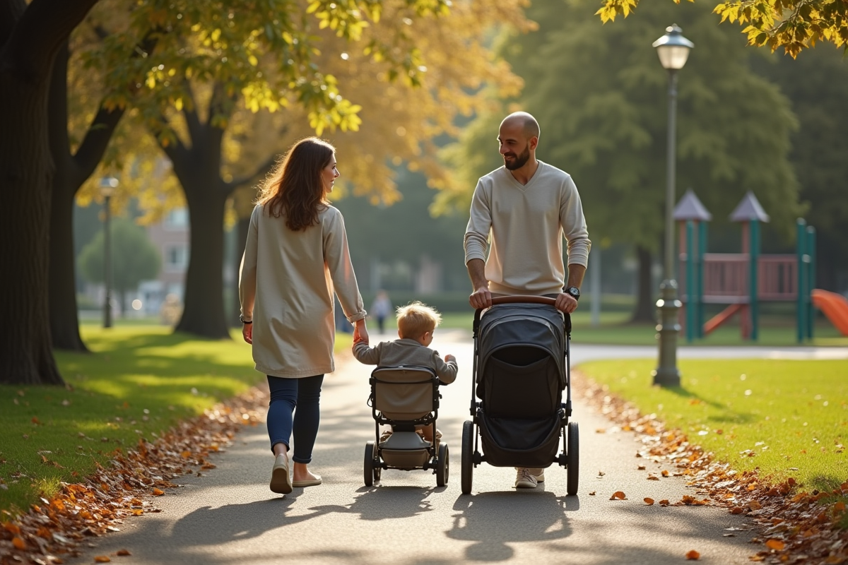 Couple marchant dans un parc en automne avec poussette