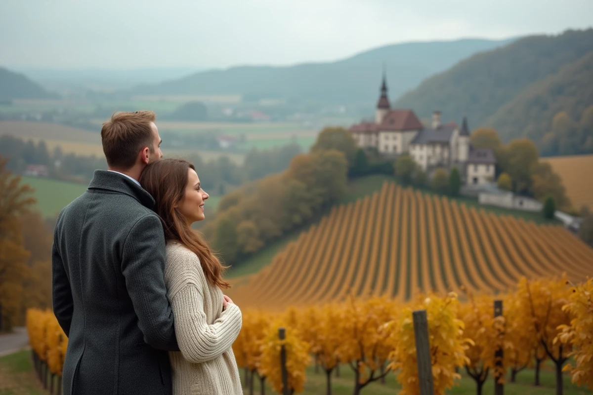 Couple contemplant le paysage romantique de la route des vins d'Alsace depuis un belvédère entouré de vignobles dorés en automne