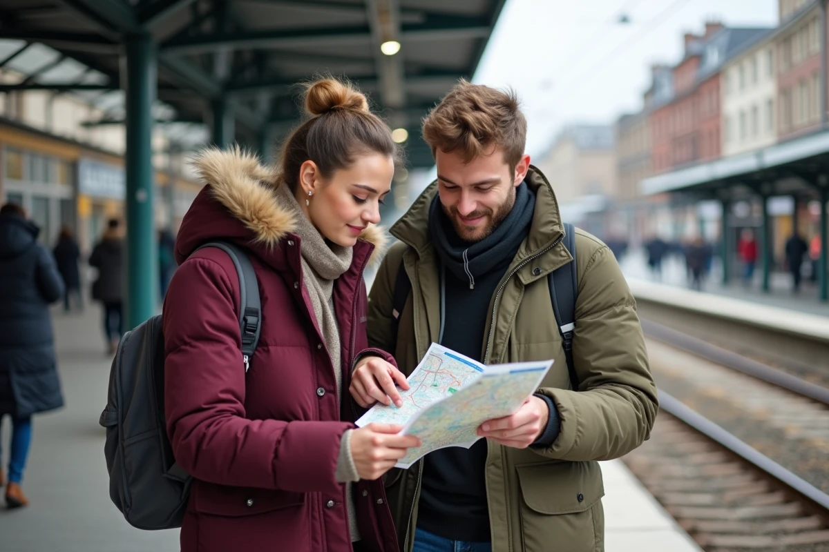 Couple planifiant un itinéraire sur la carte du réseau de tramway de Nantes à un arrêt de correspondance