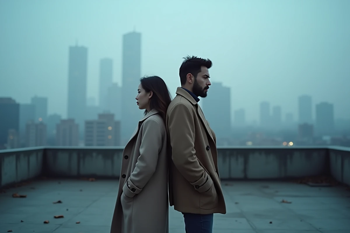 Couple séparé dos à dos sur un toit urbain symbolisant la connexion invisible entre flammes jumelles et la signification du 22 20