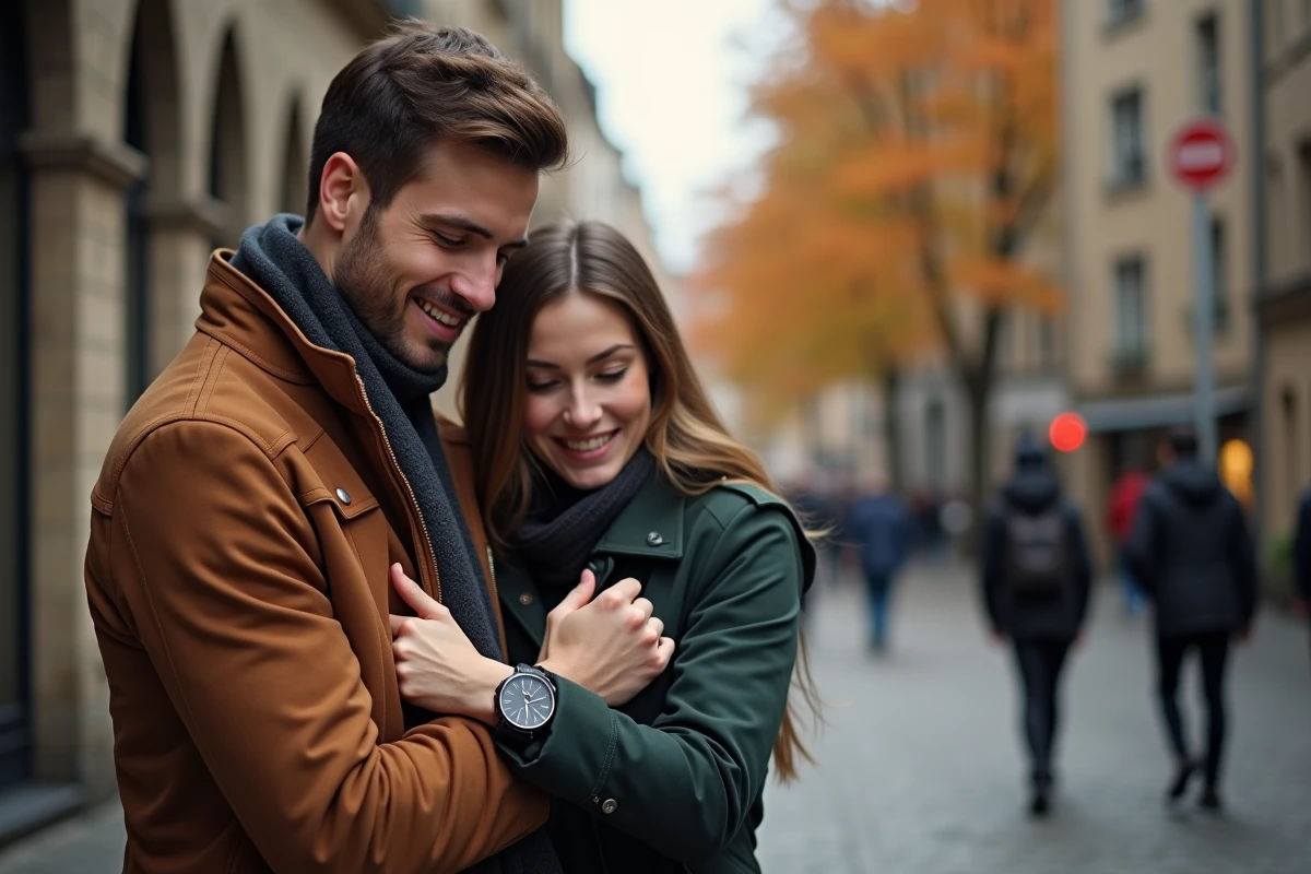 Couple regardant une montre affichant 12h12 dans une rue pavée, illustration de l'heure miroir et des signes amoureux