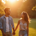 Couple qui rit main dans la main dans un parc en lumière dorée