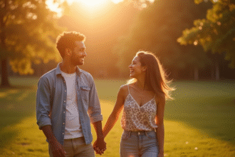 Couple qui rit main dans la main dans un parc en lumière dorée