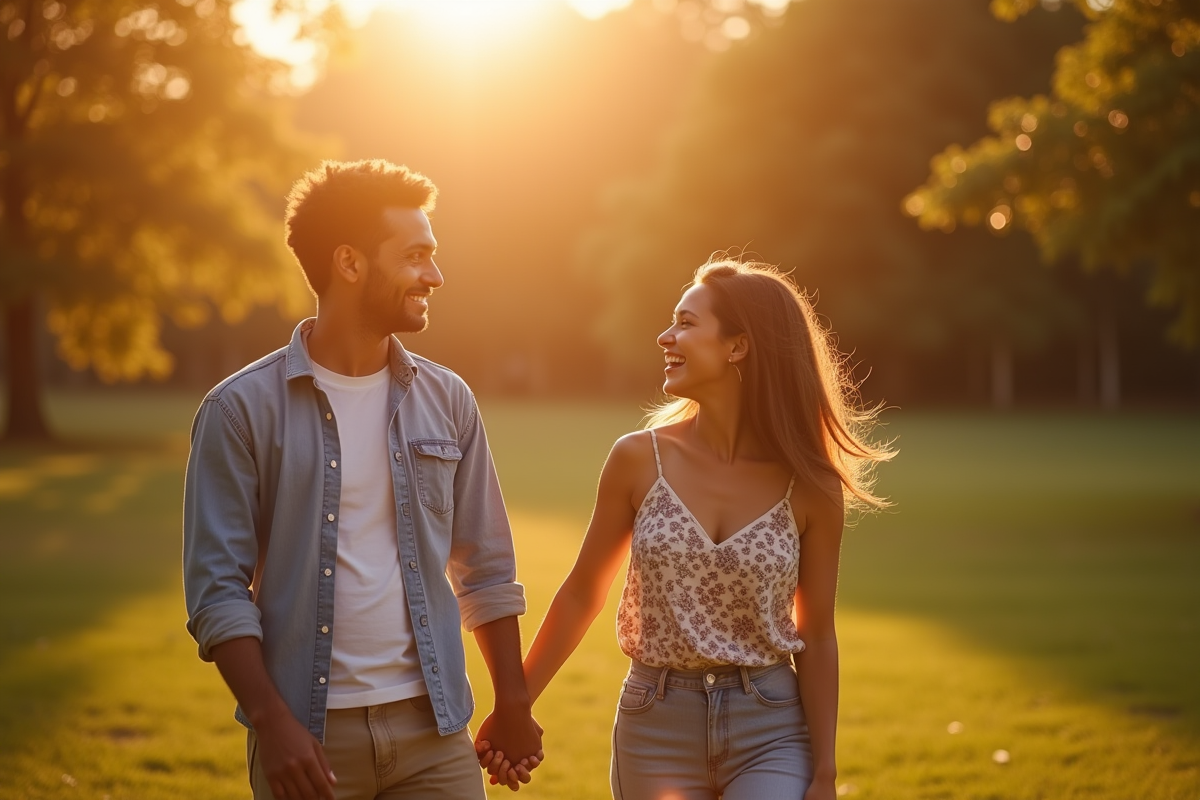 Couple qui rit main dans la main dans un parc en lumière dorée