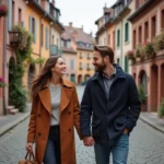 Couple romantique se promenant dans une ruelle pavée de Colmar en Alsace, entouré de maisons à colombages colorées et de géraniums en automne