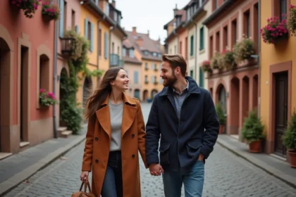 Couple romantique se promenant dans une ruelle pavée de Colmar en Alsace, entouré de maisons à colombages colorées et de géraniums en automne