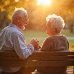 Couple senior assis sur un banc ensoleille dans un parc