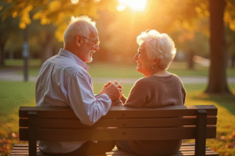 Couple senior assis sur un banc ensoleille dans un parc