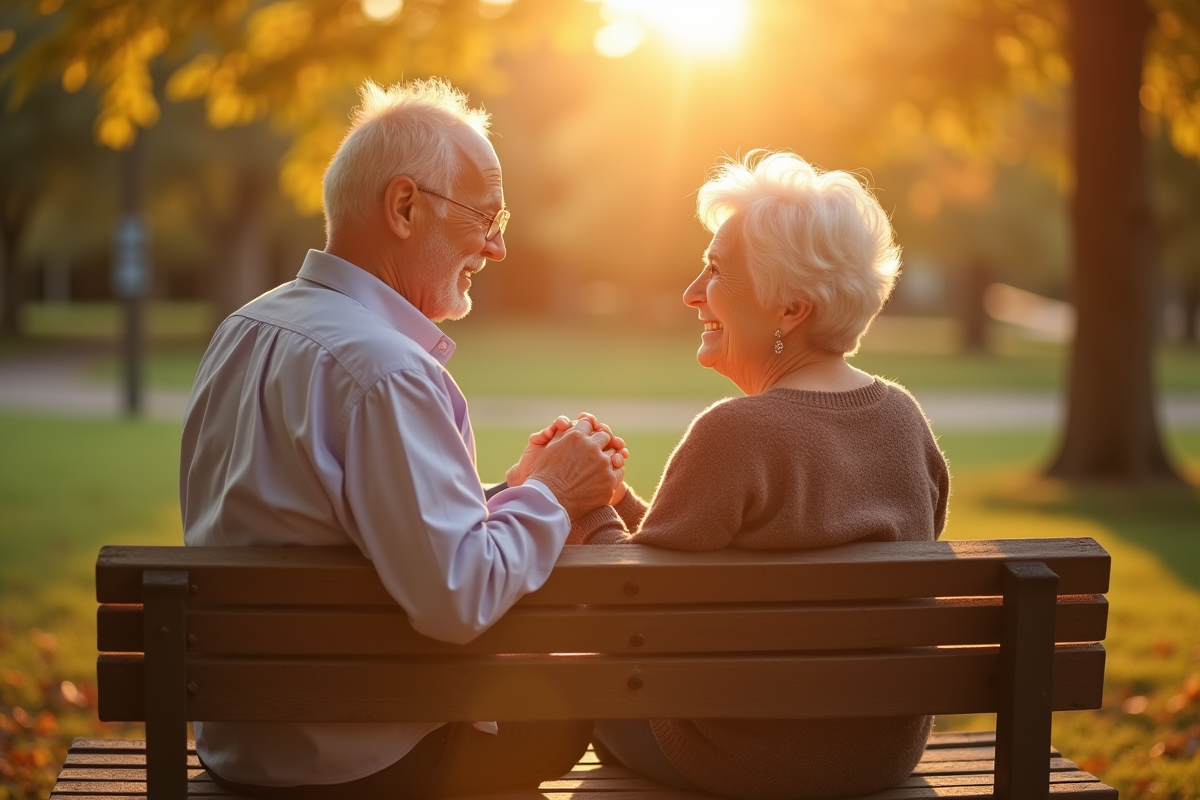 Couple senior assis sur un banc ensoleille dans un parc