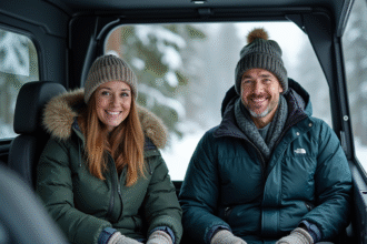 Couple souriant dans un quad en forêt enneigée