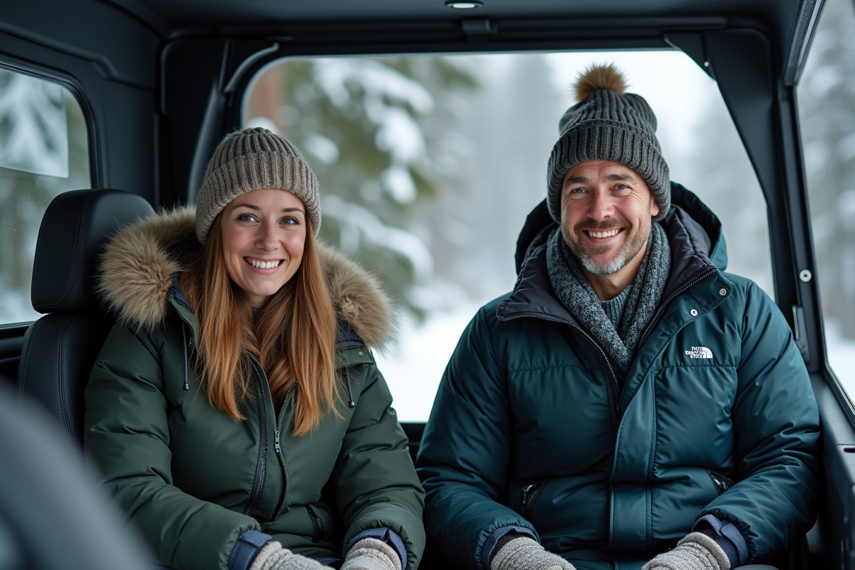 Couple souriant dans un quad en forêt enneigée