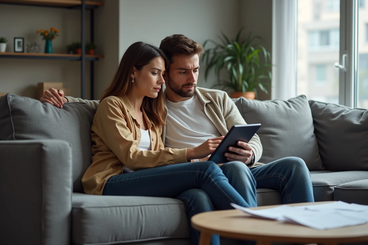 Couple examinant ensemble une annonce Bon Coin et un virement bancaire sur une tablette pour éviter une arnaque en ligne