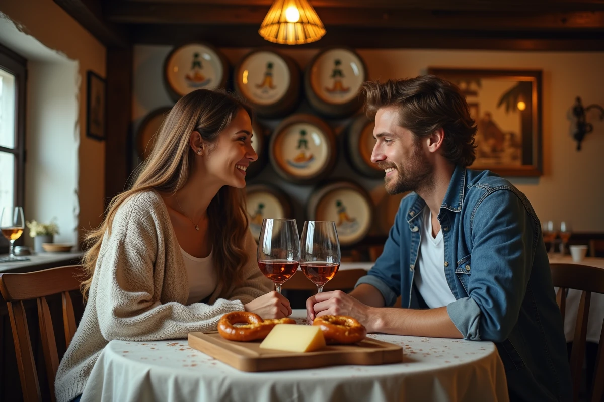 Couple attablé dans une winstub alsacienne authentique, dégustant du Riesling et une planche de charcuterie locale dans une ambiance chaleureuse et romantique