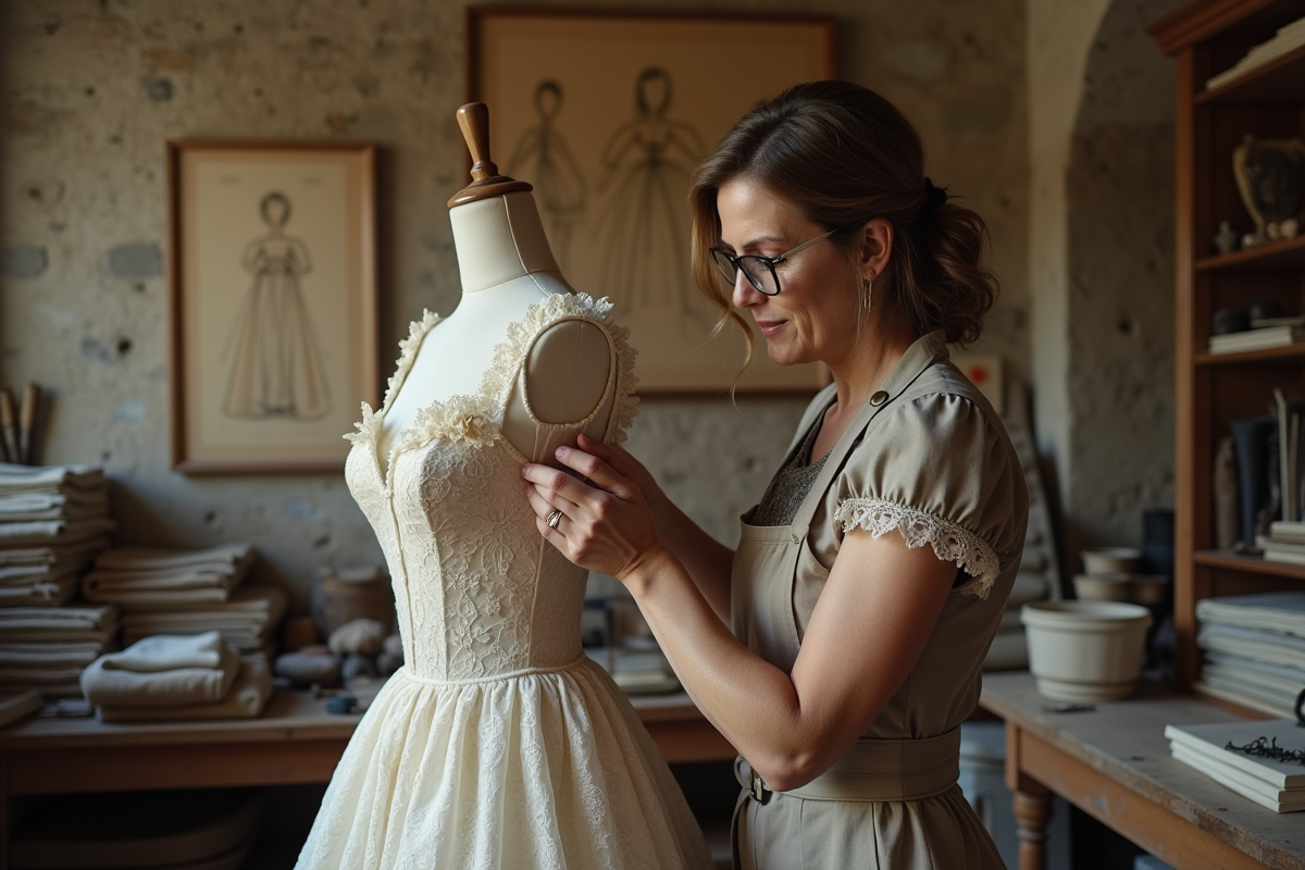 Couturiere ajustant une robe ancienne dans un atelier parisien