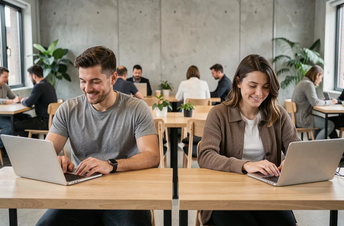 Deux personnes dans un espace de coworking parisien rédigeant chacune leur premier message sur un site de rencontre gratuit