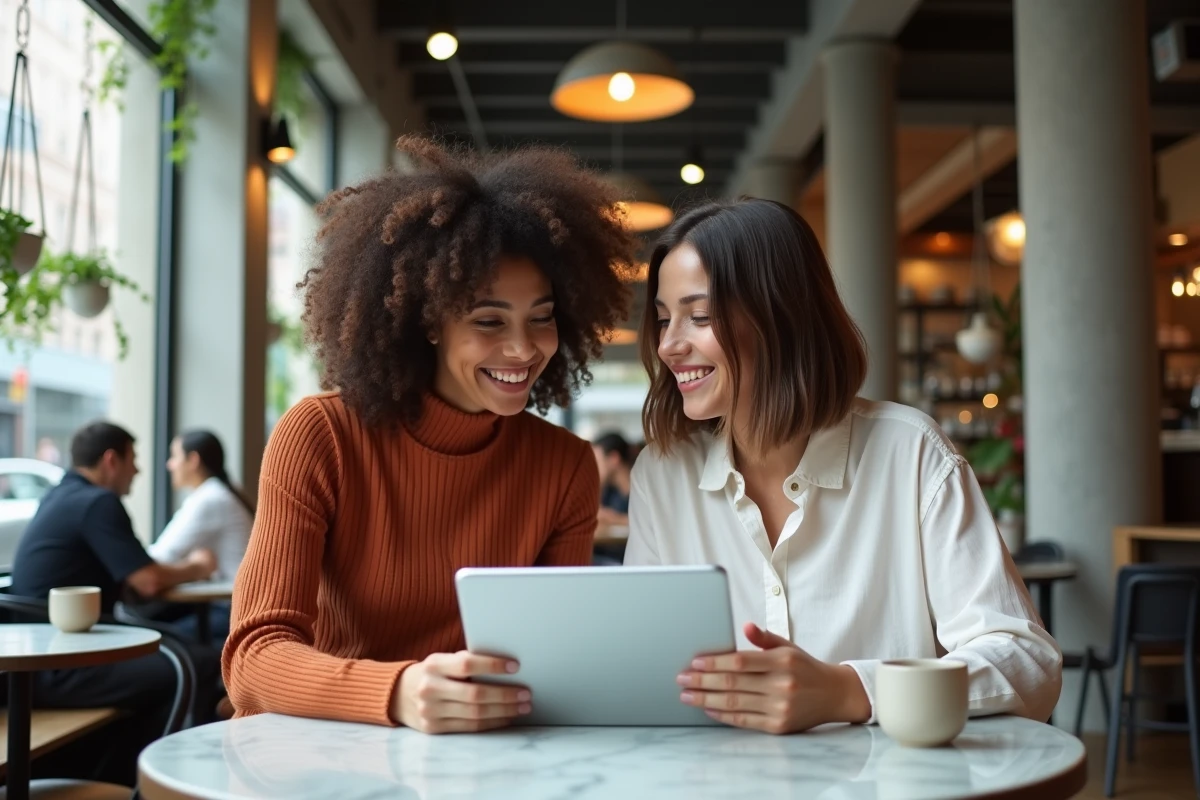 Deux créatrices de contenu planifiant ensemble les meilleures heures de publication TikTok du vendredi dans un café urbain
