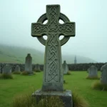 Croix celtique en pierre gravée de nœuds celtiques dans un cimetière irlandais brumeux