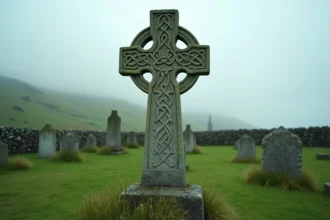 Croix celtique en pierre gravée de nœuds celtiques dans un cimetière irlandais brumeux
