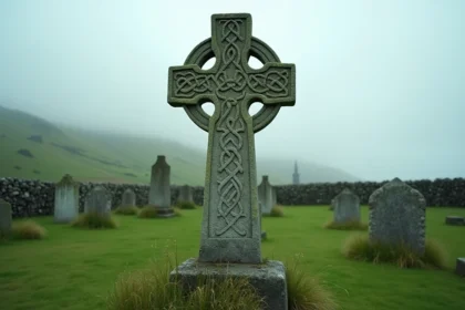 Croix celtique en pierre gravée de nœuds celtiques dans un cimetière irlandais brumeux