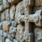 Croix des Templiers sculptée en pierre sur un mur de château médiéval avec mousse et érosion