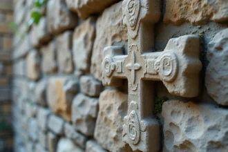 Croix des Templiers sculptée en pierre sur un mur de château médiéval avec mousse et érosion