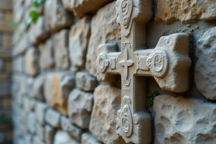 Croix des Templiers sculptée en pierre sur un mur de château médiéval avec mousse et érosion